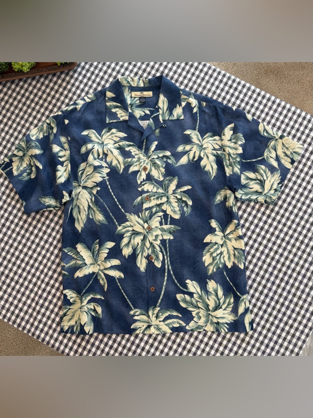 🌴VINTAGE Tommy Bahama Navy Blue Palm Print Camp Short Sleeve Shirt 100% SILK 🌴